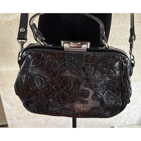 Gracchi Metallic Embossed Leather Satchel, Black Silver, Artsy Boho Doctor Bag - Picture 9 of 13